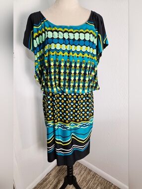 Olivia Matthews Black, Teal, Gold Geometric Print Midi-Dress, Size 12